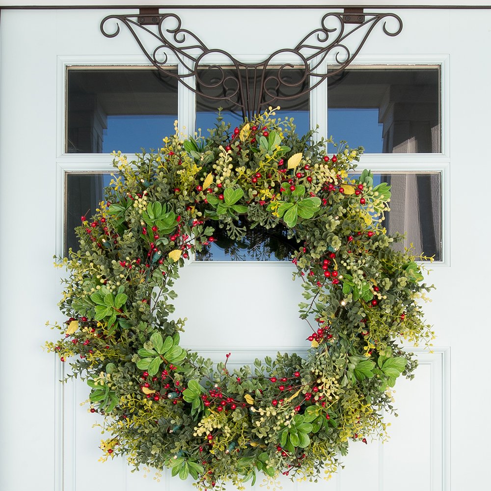 Seasonal Decor Decoration Pre Lit With 50 Warm Clear Colored Led Mini Lights Includes Remote Controlled Battery Pack With Timer 30 Inch Artificial Christmas Wreath Boxwood And Berry Collection Wreaths Garlands Swags Battery Pack For Christmas Wreath