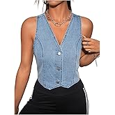OYOANGLE Women's Button Down Denim Waistcoat Y2k V Neck Sleeveless Cropped Jean Vest Tops