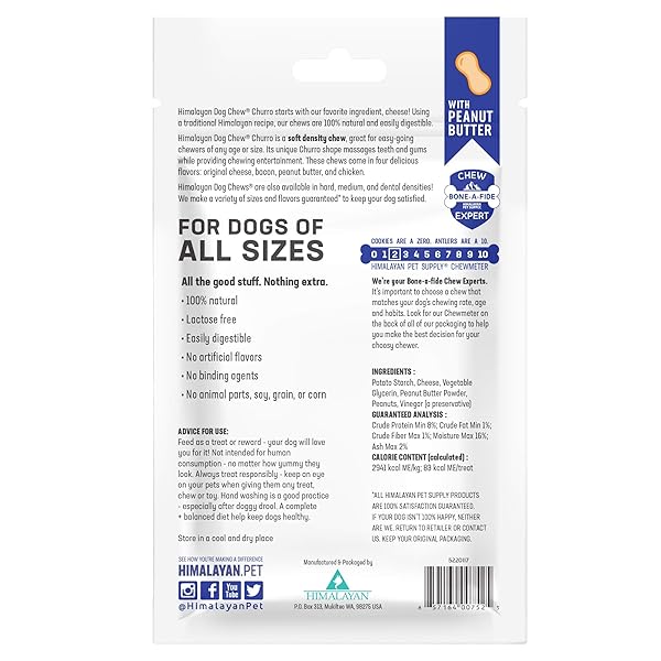 HIMALAYAN DOG CHEW CHURRO YAK CHEESE DOG CHEWS, 100% NATURAL, LONG LASTING, GLUTEN FREE, HEALTHY & SAFE DOG TREATS, LACTOSE & GRAIN FREE, PROTEIN RICH, REAL PEANUT BUTTER FLAVOR, 4 CHURROS PER POUCH