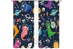 Cinbloo Space Dinosaur Curtains 42Wx63H Inch Rod Pocket Kids Cartoon Dino Cute Funny Planet Star Safari Animal Boys Art Printed Colorful Living Room Bedroom Window Drapes Treatment Fabric 2 Panels