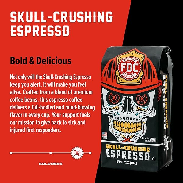 FIRE DEPARTMENT COFFEE – GIVES BACK TO FIREFIGHTERS – FULL-BODIED & BOLD SKULL CRUSHING ESPRESSO GROUND COFFEE – ROASTED IN THE USA – VETERAN OWNED – 12 OZ