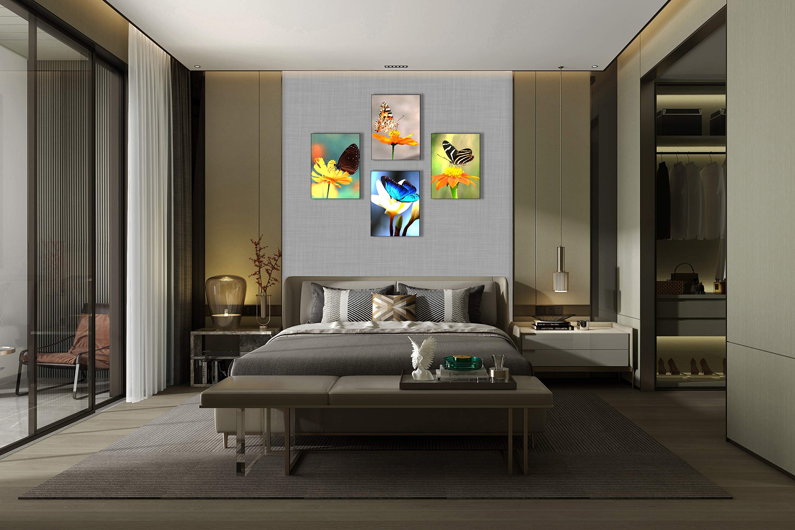 Canvas Wall Art for Living Room Butterfly on Flower Decor Painting Blooming Florals Pictures Print Decoration Artwork 12x16inch x4Pieces