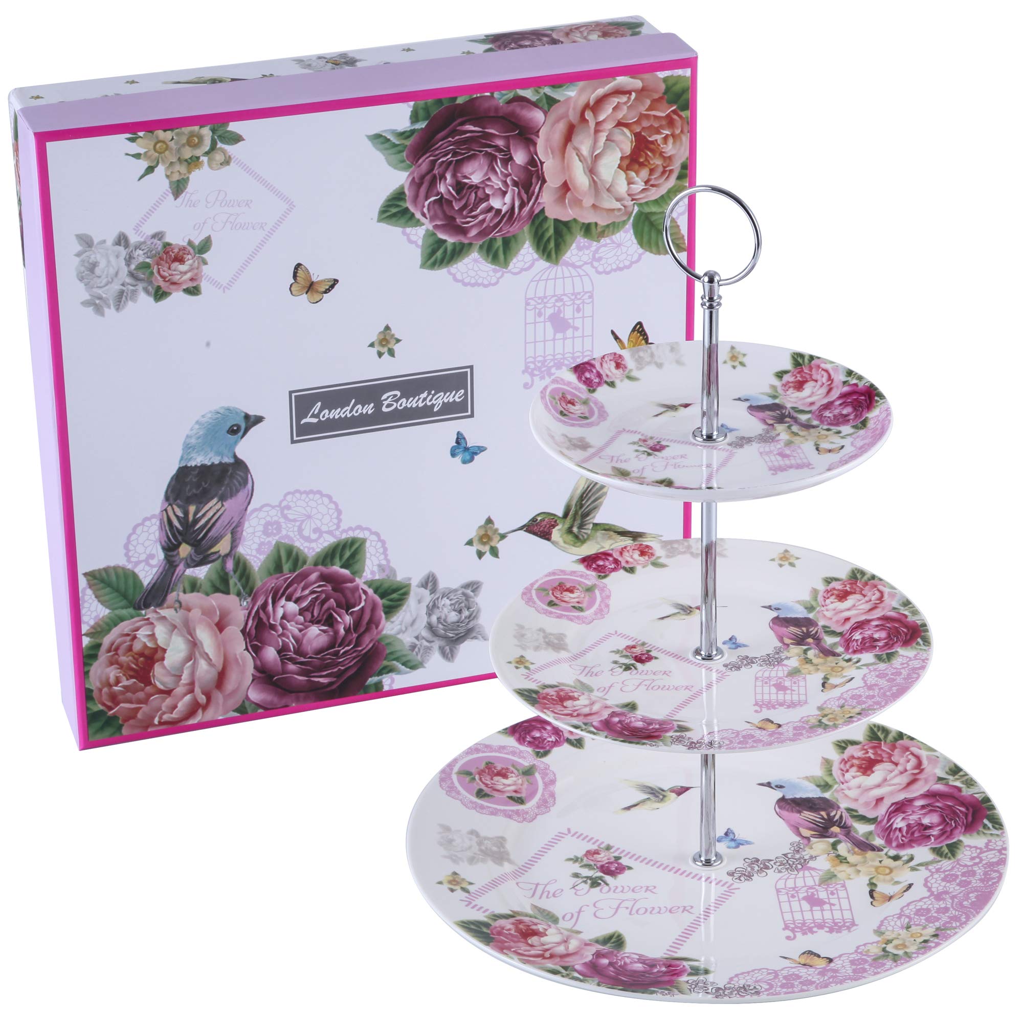 Cake Stand, Afternoon Tea Stands 3 Tier Gifts for Women Vintage Bird Rose Butterfly New Bone China Serving Plate for Tea Party High tea at home Gift for Her (Birds Rose Butterfly)