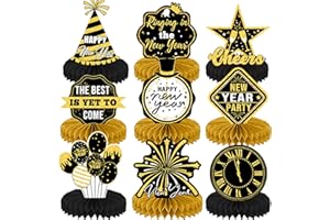 AUSHENKE Black Gold New Years Eve Party Supplies Happy New Year Table Centerpieces for New Years Eve Party Decorations, 9 Pcs