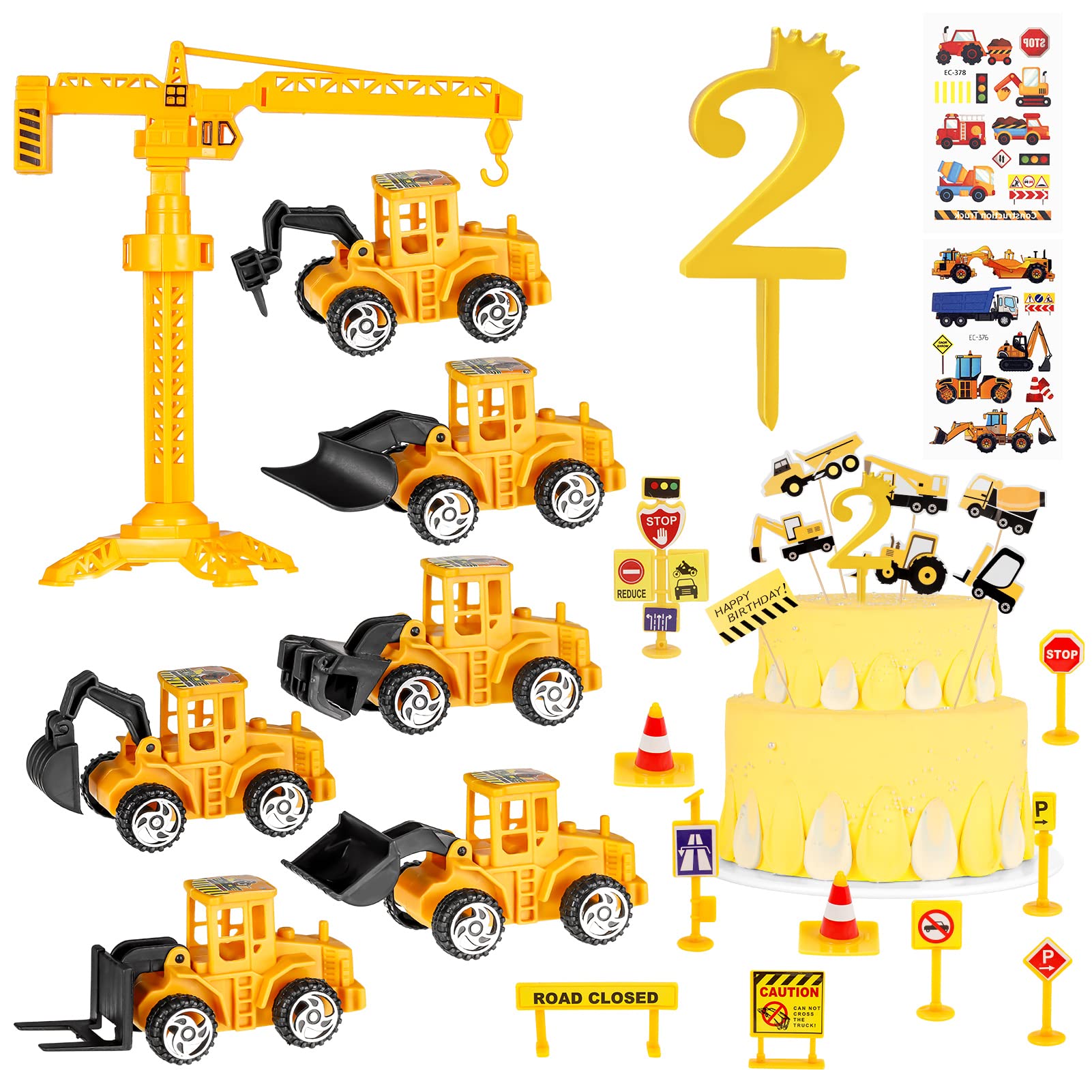 SOSPIRO 27 Pcs Construction Vehicles Cake Toppers, Mini Digger Cake Toppers for 2nd, Tractor Theme Cake Decorations with Road Sign Construction Vehicle Stickers for Birthday Anniversary Party