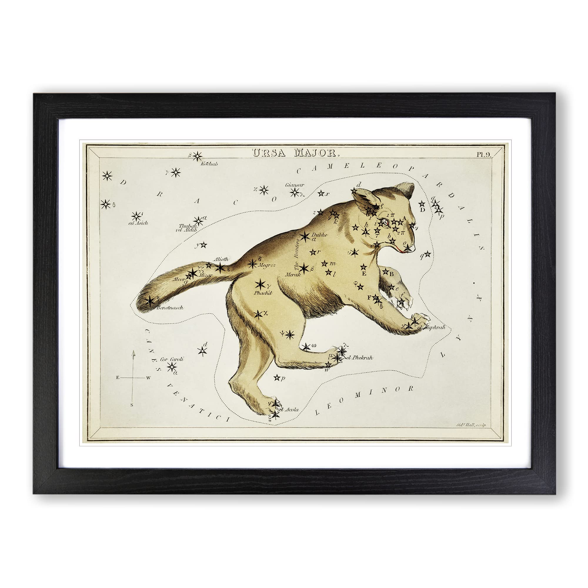 Astronomical Chart Of The Ursa Major Constellation Vintage Framed Print | A4 Black Framed Wall Art | Ready to Hang | Classic Nature Picture | Living Room Bedroom Lounge Office