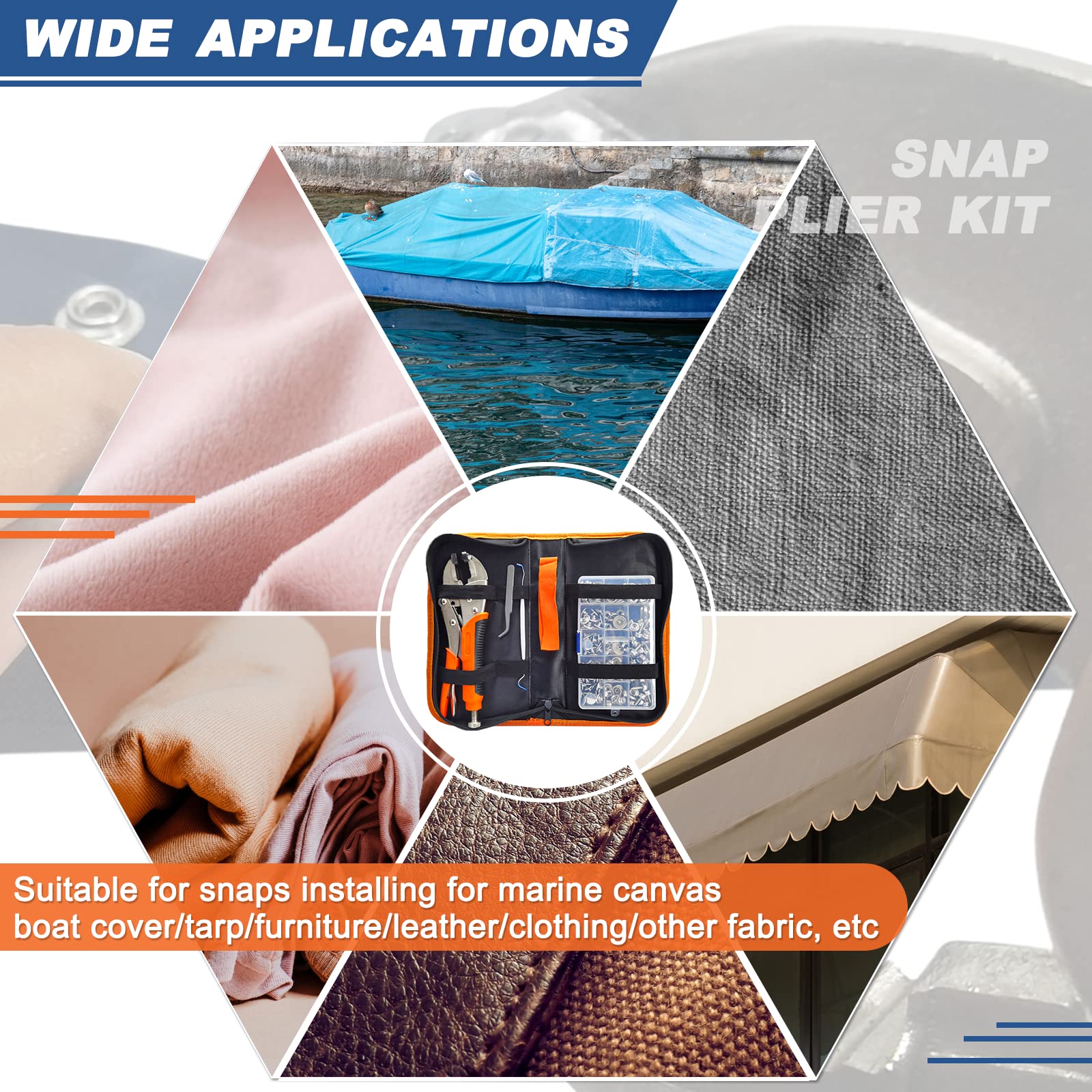 Snap Fasteners Kit, Heavy Duty Fastener Tool and 60-Set 15mm Marine Snaps Stainless Steel for Boat Covers/Tarp/Canvas/Upholstery/Leather Metal Press Studs Replacement, Installation, Repairing