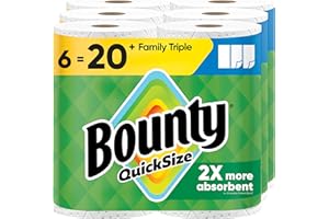 Bounty Paper Towels Quick Size, White, 6 Family Triple Rolls = 20+ Regular Rolls