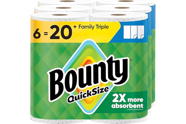 Bounty Paper Towels Quick Size, White, 6 Family Triple Rolls = 20+ Regular Rolls
