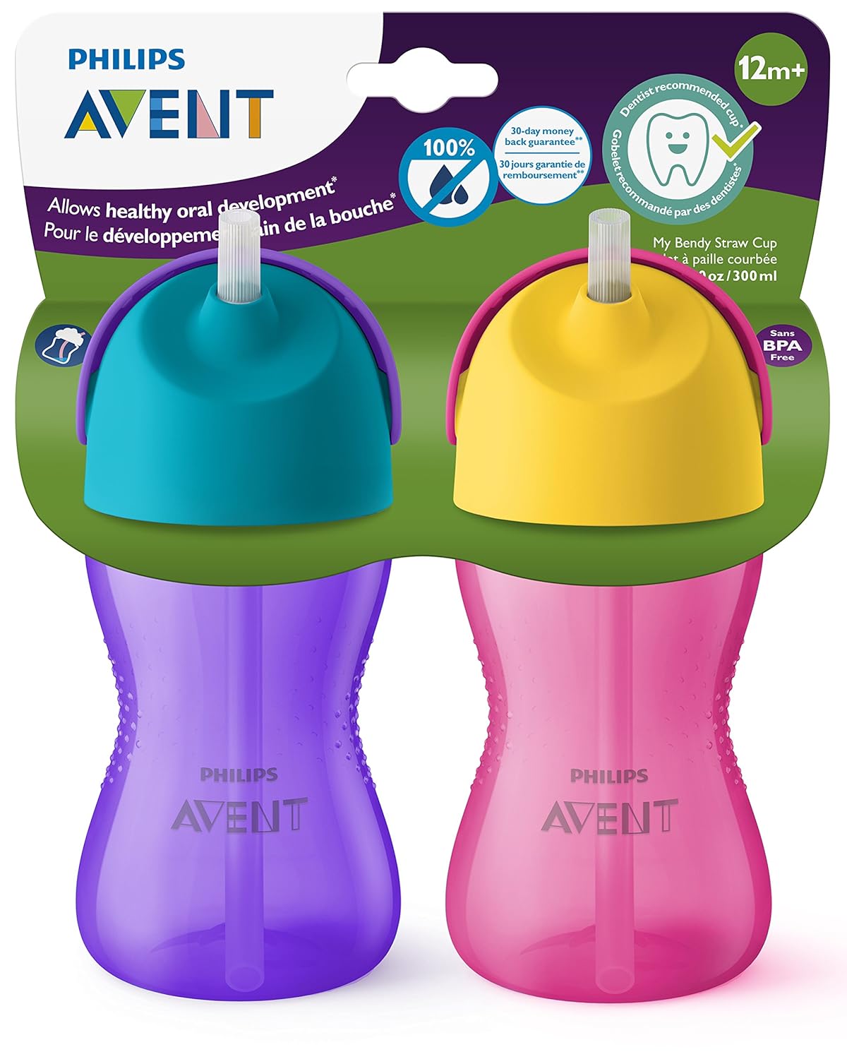 Philips Avent My Bendy Straw Cup, 10 Oz, 2pk, Pink/Purple, SCF792/22 : Baby