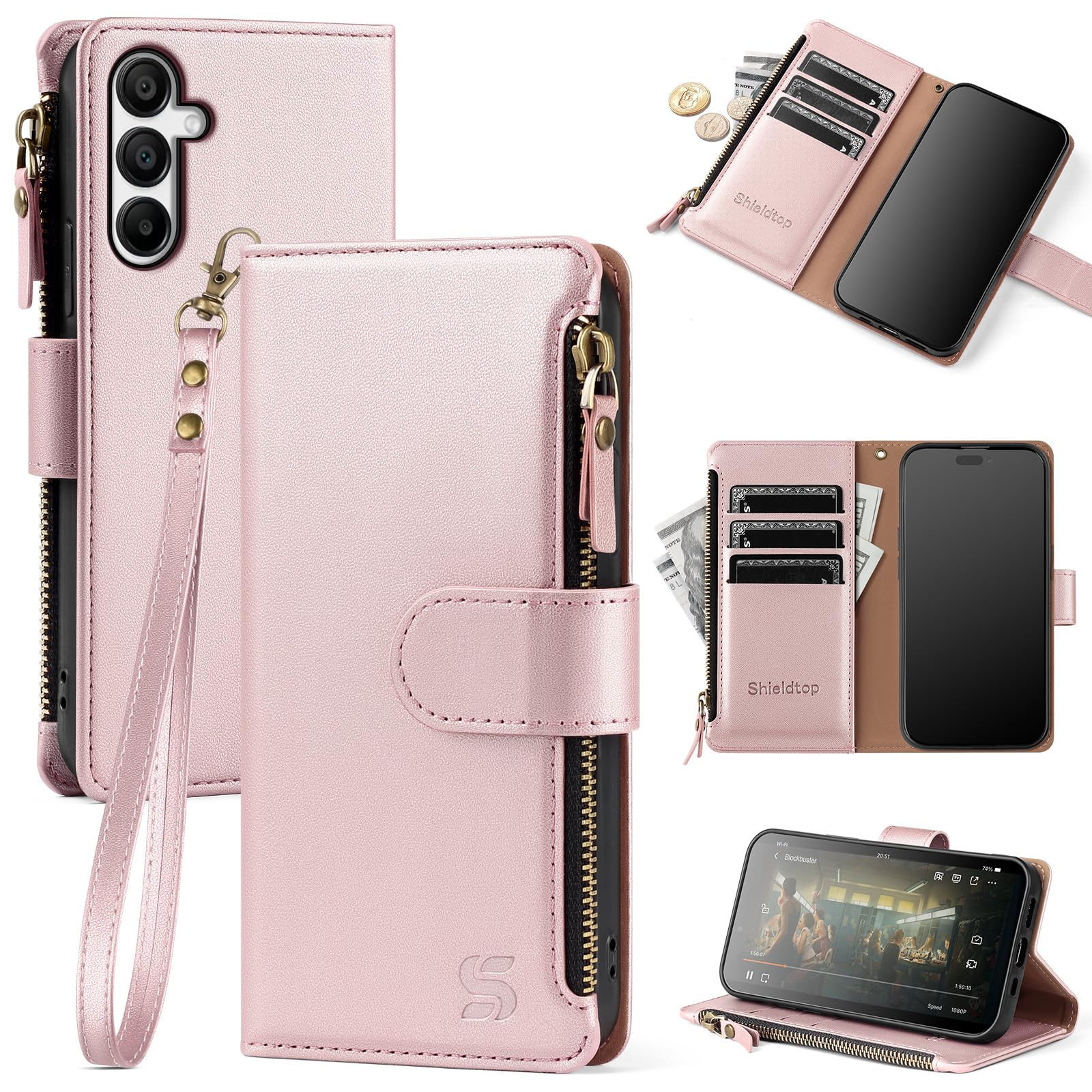 Shieldtop Compatible with Samsung Galaxy A16 5G Wallet Case with Card Holder,PU Leather Phone Case Flip Protective Cover Wrist Strap Zipper Pocket Credit Card Slots RFID Blocking Women Men,Rose Gold