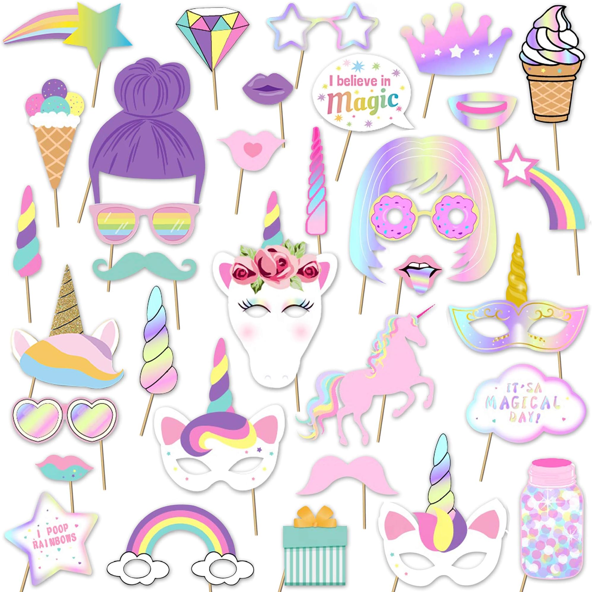 Party Avenue 35PCS Unicorn Photo Booth Props | Magical Unicorn Photo Props | Rainbow Birthday Party Supplies Decorations | Unicorn Party Supplies