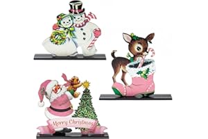 BkeeCten Christmas Winter Table Centerpieces - 3pcs Vintage Pink Christmas Winter Wooden Table Topper Centerpiece Decoration Signs Victorian Santa Claus Elk Snowman Sign Decor Xmas New Year Gifts