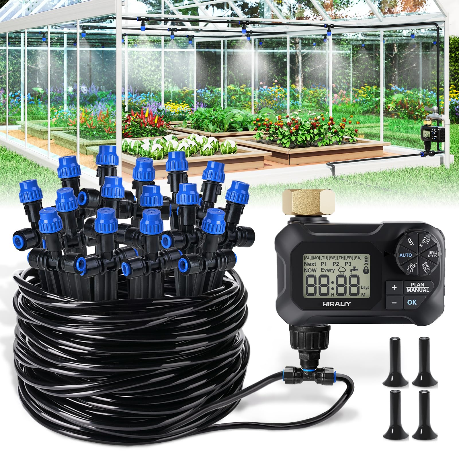 Photo 1 of HIRALIY 59FT Greenhouse Mist Drip Irrigation Kit with Garden Timer, Hanging Plant Watering System, with Tubing, Misting Nozzles, and Water Timer, Quick Connector Design Automatic Irrigation System