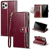 Scutumate Compatible with iPhone 14 Pro Max Wallet Case with Card Holder RFID Blocking Zipper PU Leather Flip Phone Case with Wrist Strap Credit Card Slots Men Women,for Apple 14 Pro Max,Wine Red