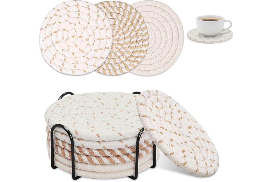 ZRHI Coasters Set of 6 for Drinks with Holder, Absorbent Cotton Woven Coasters with 3 Colors, Cup Coasters for Coffee Table, Book