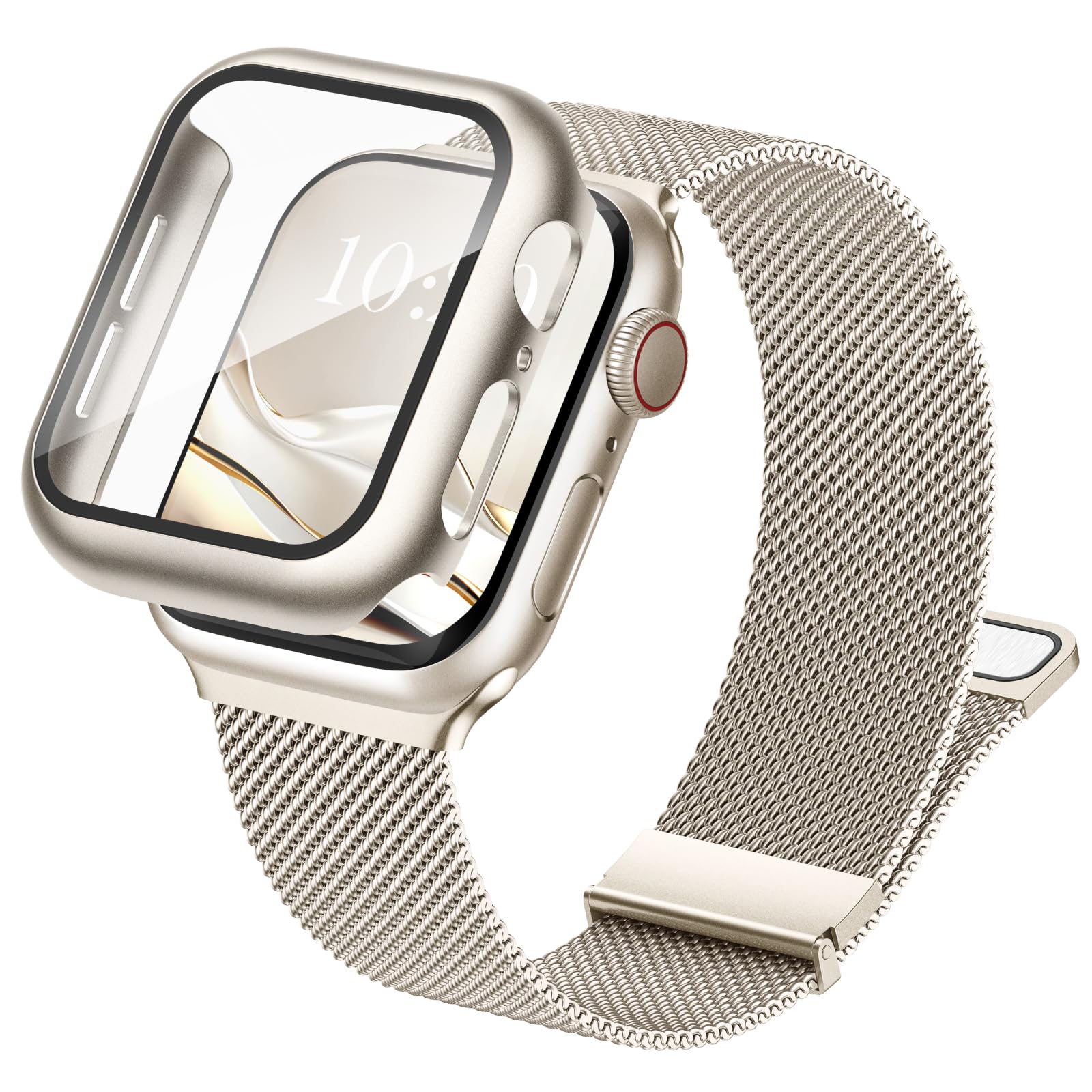 Raradev 3-in-1 Compatible with Apple Watch Metal Straps 44mm with Case & Screen Protector, Dual Magnetic Band and Protective Cover with 9H Tempered Glass for iWatch SE3 Series 6/5/4, Starlight