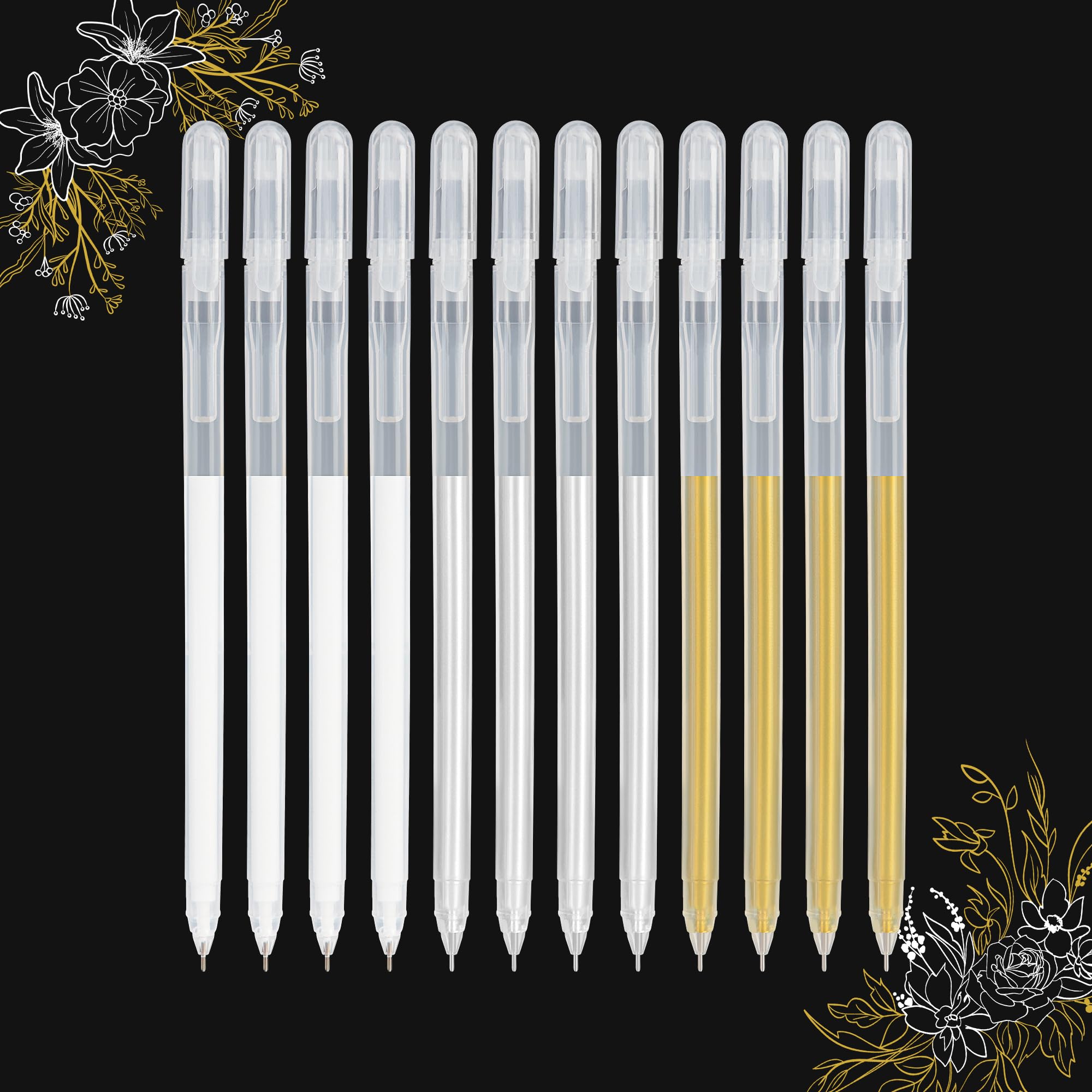 SMOOTHERPRO White Gold Silver Gel Pen Set | Highlight Gel Ink Pen | 0.6mm Fine Art Liner Drawing Pen | for Black Dark Paper Drawing Sketching Design Supplies (GWS06-12) | 12 Pack