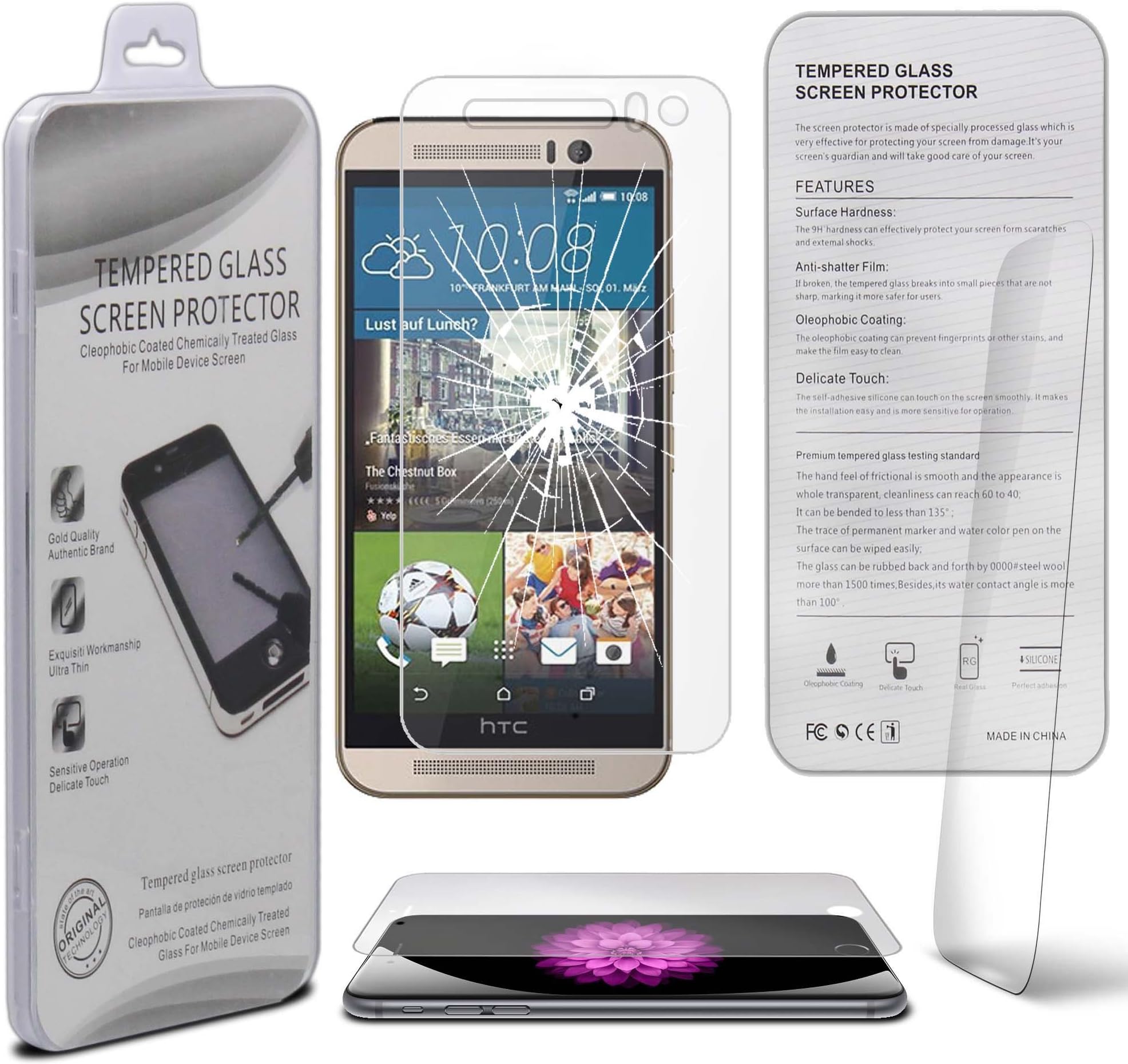 HTC One M9 Premium Quality Tempered Glass Explosion & Shatter Proof Screen Protector - Microfibre Cloth & Dust Collection Tape by Gadget Giant®