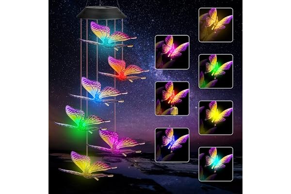 Ninonly Solar Wind Chimes Outdoor LED Butterfly Solar Powered Garden Light Color Changing Waterproof Hanging Light Decoration