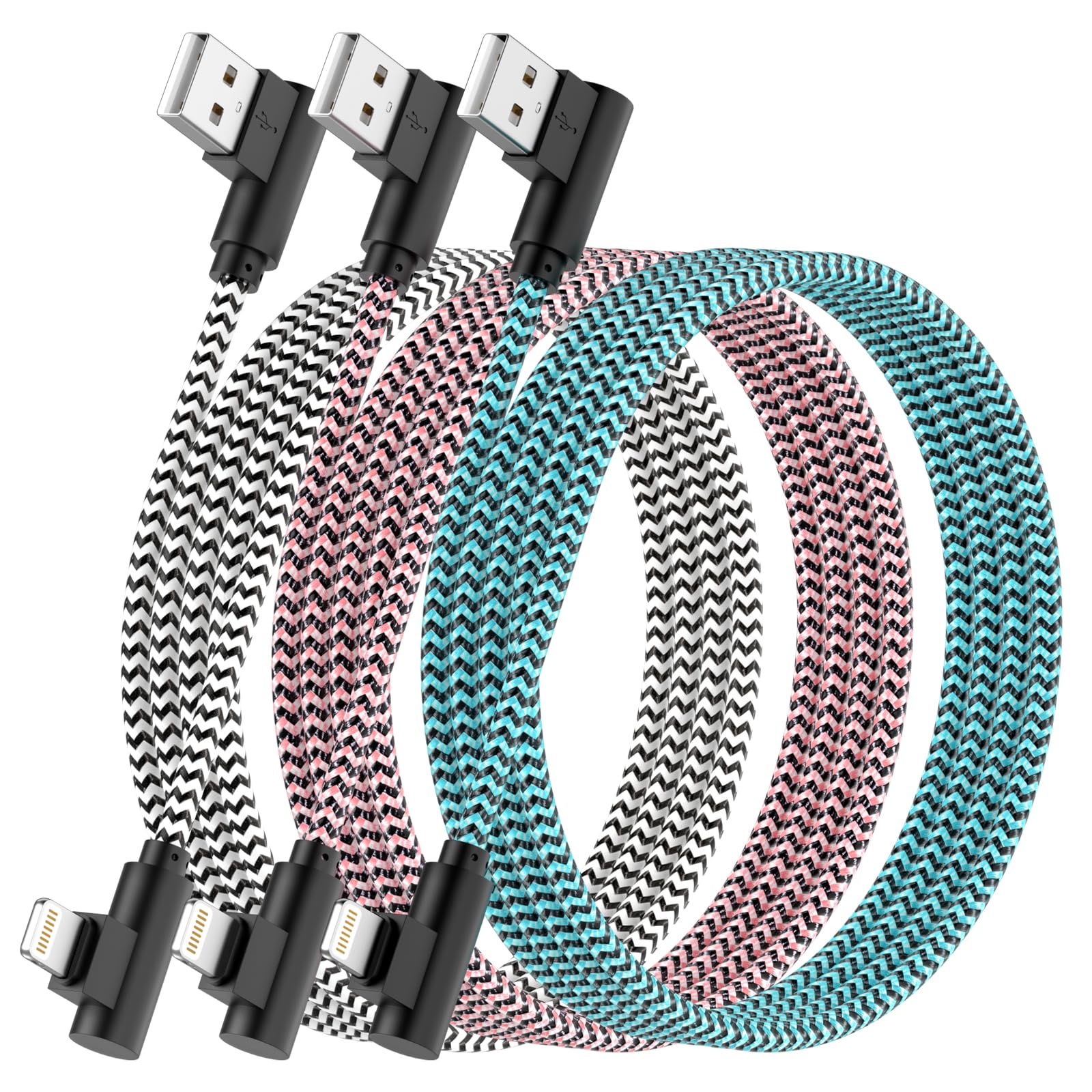 iPhone Charger Cable 2.8M,3Pack[Apple MFi Certified]Right Angle 90 Degree Fast Charging iPhone Cable Nylon Braided ipad Charger Cable for iPhone 14 13 12 11 Pro Max Mini XR XS X 8 7 6s 6 iPod AirPods