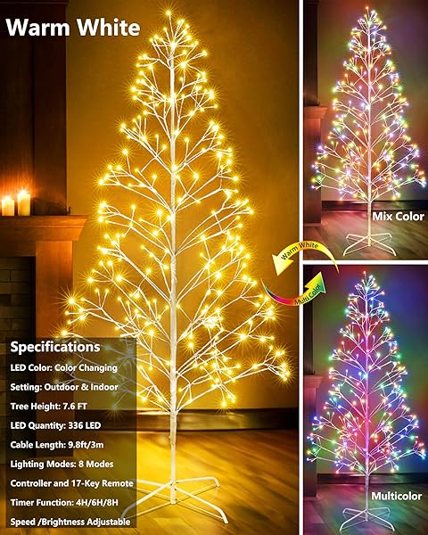 JOOMER CHRISTMAS TREE WITH LIGHTS,7.6FT 336 LED BIRCH TREE COLOR CHANGING ARTIFICIAL TWIG LIGHTS WITH REMOTE CONTROL TIMER OUTDOOR FOR CHRISTMAS DECOR (WARM WHITE TO MULTICOLOR)