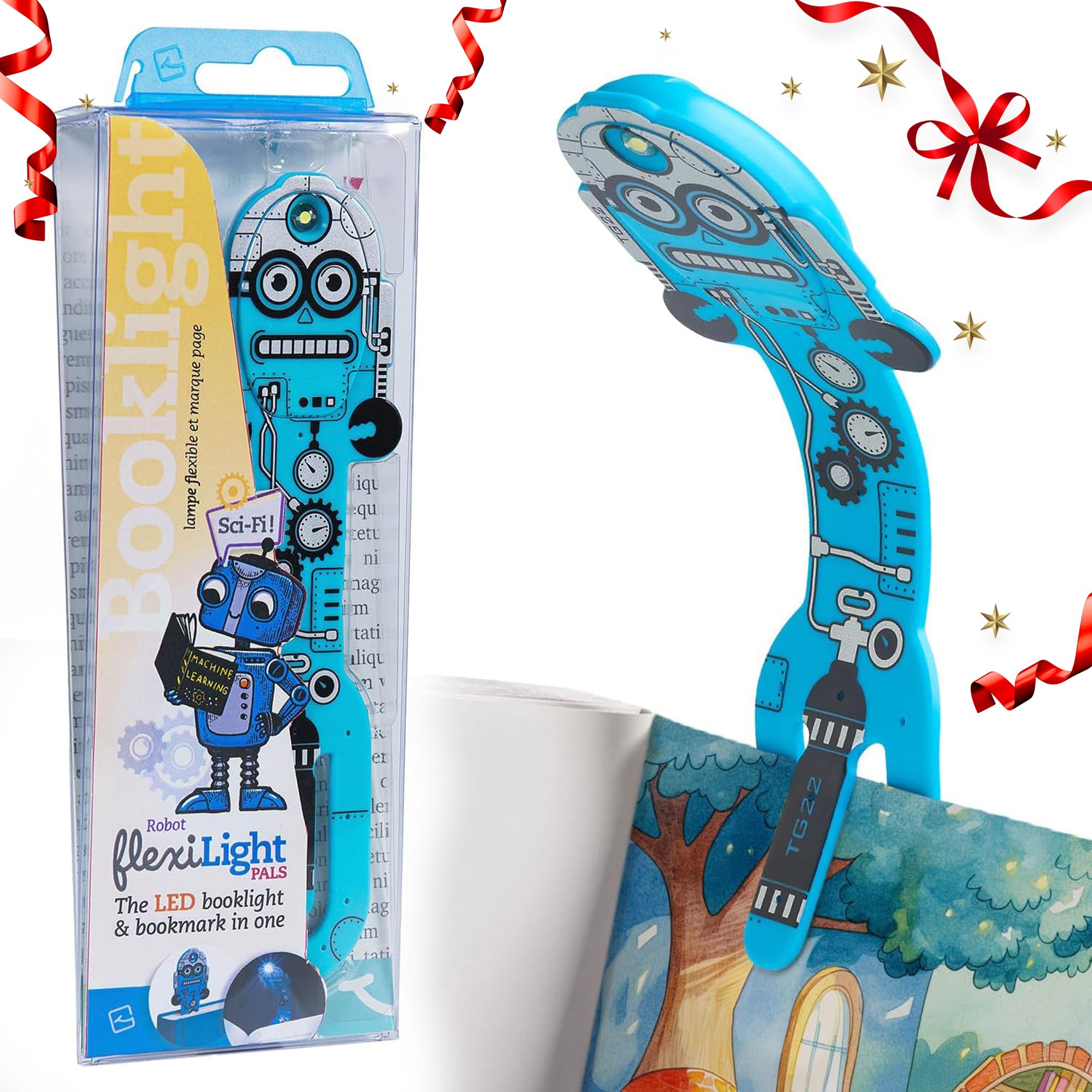 Gifts for Readers & Writers Book Light for Kids, Clip On Reading Light for Bed, 2in1 Flexilight Pals & Bookmark, Small & Lightweight with a Soft Glow, 2 Batteries Included, Robot Blue