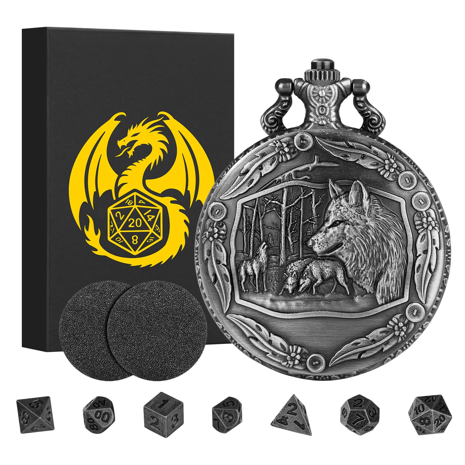 Mini DND Dice Set with Steampunk Wolf Pocket Watch Shell Case, 7pcs Polyhedral Metal D&D Dice Set, DND Gifts with Gift Box for Gamer, Role Playing Board Games Accessories, Dark Silver, Zinc Alloy