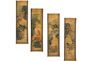 CIFIBIFUN 4PCS/Set Wall Scroll Hanging Painting Decor Japanese Koi Fish Flower Fengshui, Ancient Paintings Replica Asia Traditional Art, Attract Wealth Four Seasons