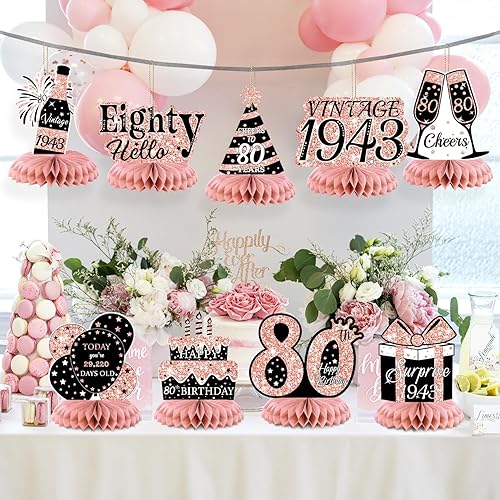 LITAUS, Rose Gold 80th Birthday Decorations Honeycomb Centerpieces