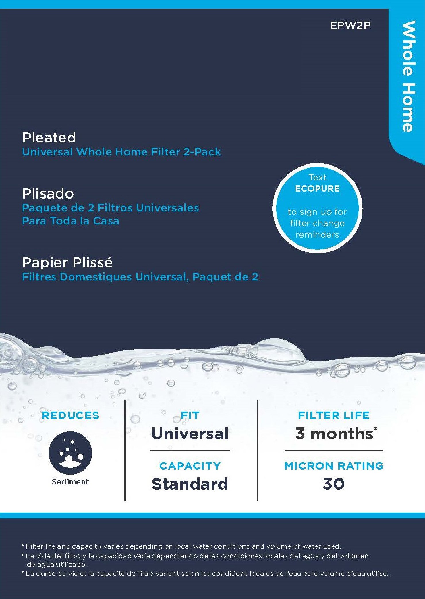 EcoPure EPW2P Pleated Whole Home Replacement Water Filter - Universal Fit - Fits Most Major Brand Systems (2 pack)