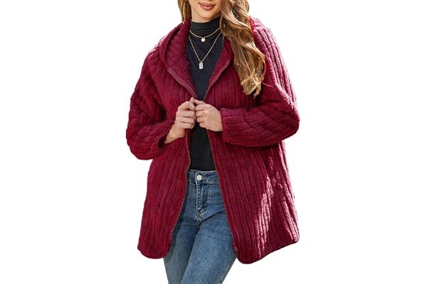 Vipwest Womens Fleece Jacket Hooded Winter Warm Full Zip Long Sleeve Sherpa Jacket Coat Outerwear with Hood (S-5XL)