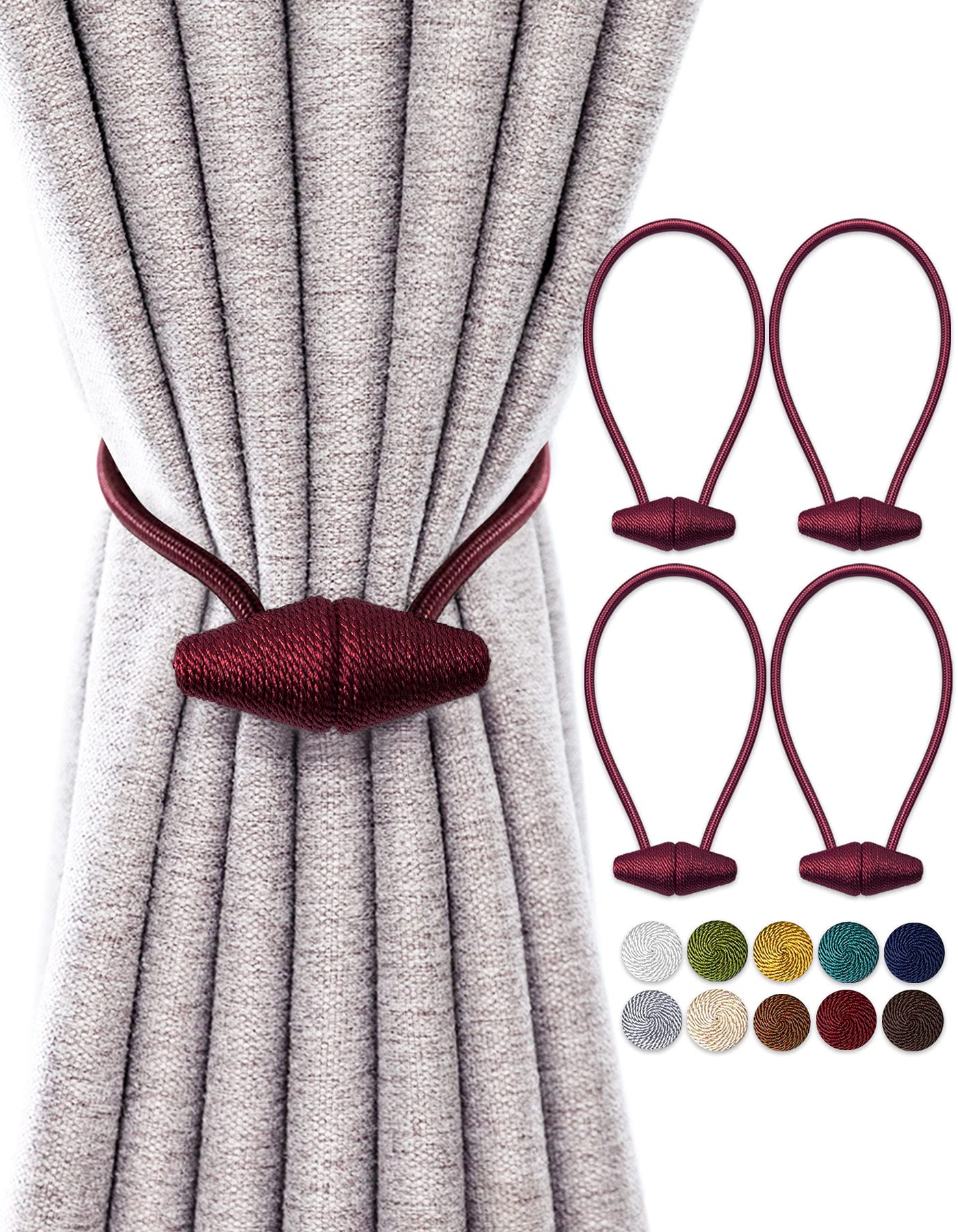 TECVINCI Magnetic Curtain Tiebacks with Upgrade Larger Magnet, 4 Pack 40cm Drapery Holdbacks for Indoor & Outdoor Curtain - Burgundy