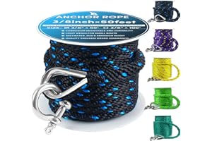 VEITHI Premium Anchor Rope 50 ft x 3/8 inch, Solid Braid MFP Anchor Line,Boat Rope with Thimble & Shackle - Black/Blue
