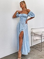 Women's Summer Puff Sleeve Floral Split Maxi Dress