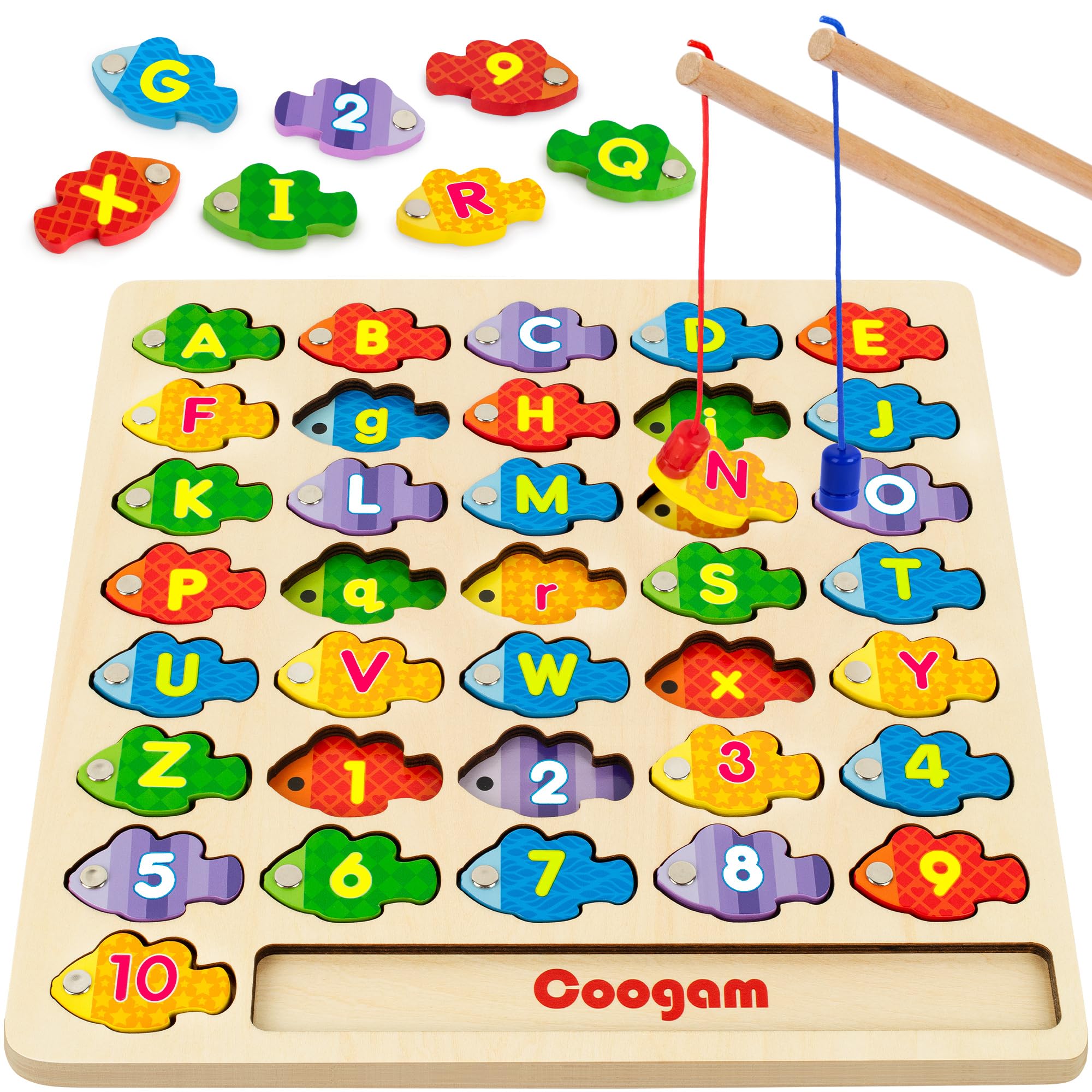 Coogam Magnetic Alphabet Numbers Fishing Game, Wooden ABC Letter Numbers Color Matching Puzzle Fine Motor Educational Toy for Preschool 3 4 5 Year Old Toddlers