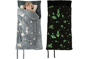 SUCHDECO Sleeping Bag for Kids Padded Toddler Nap Mat 63" x 29" with Glow in The Dark Star Rocket Unicorn Soft Plush Slumber Bag for Toddler, Boys, Girls Sleepover, Daycare, Preschool