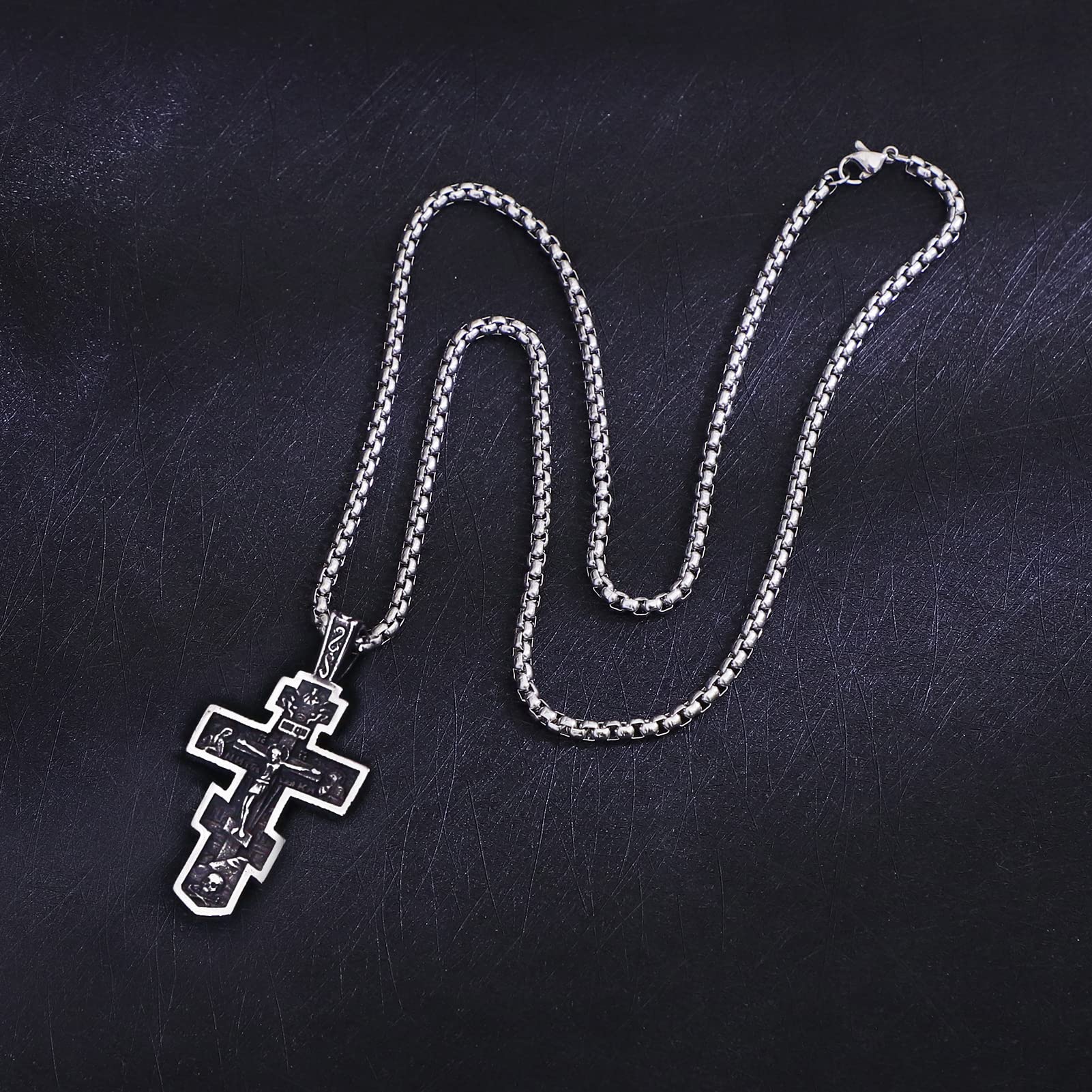 KOMI 316L Stainless Steel Necklace Jesus Crucifix Cross Necklace For Men Celtic Orthodox Cross Necklace Virgin Mary Pendant Necklace Viking Rune Chain Necklace Religious Christian Jewelry Gifts For Men