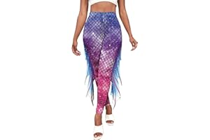 FEOYA Women's Mermaid Leggings Fish Scale Print Pants High Waist Yoga Legging with Fins for Halloween Party Cosplay