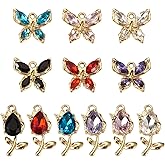 Cheriswelry 24Pcs Butterfly Flowers Crystal Rhinestone Pendants Gold Plated Glass Alloy Dangle Charms 12 Styles 16-22mm for DIY Earring Necklace Jewelry Making