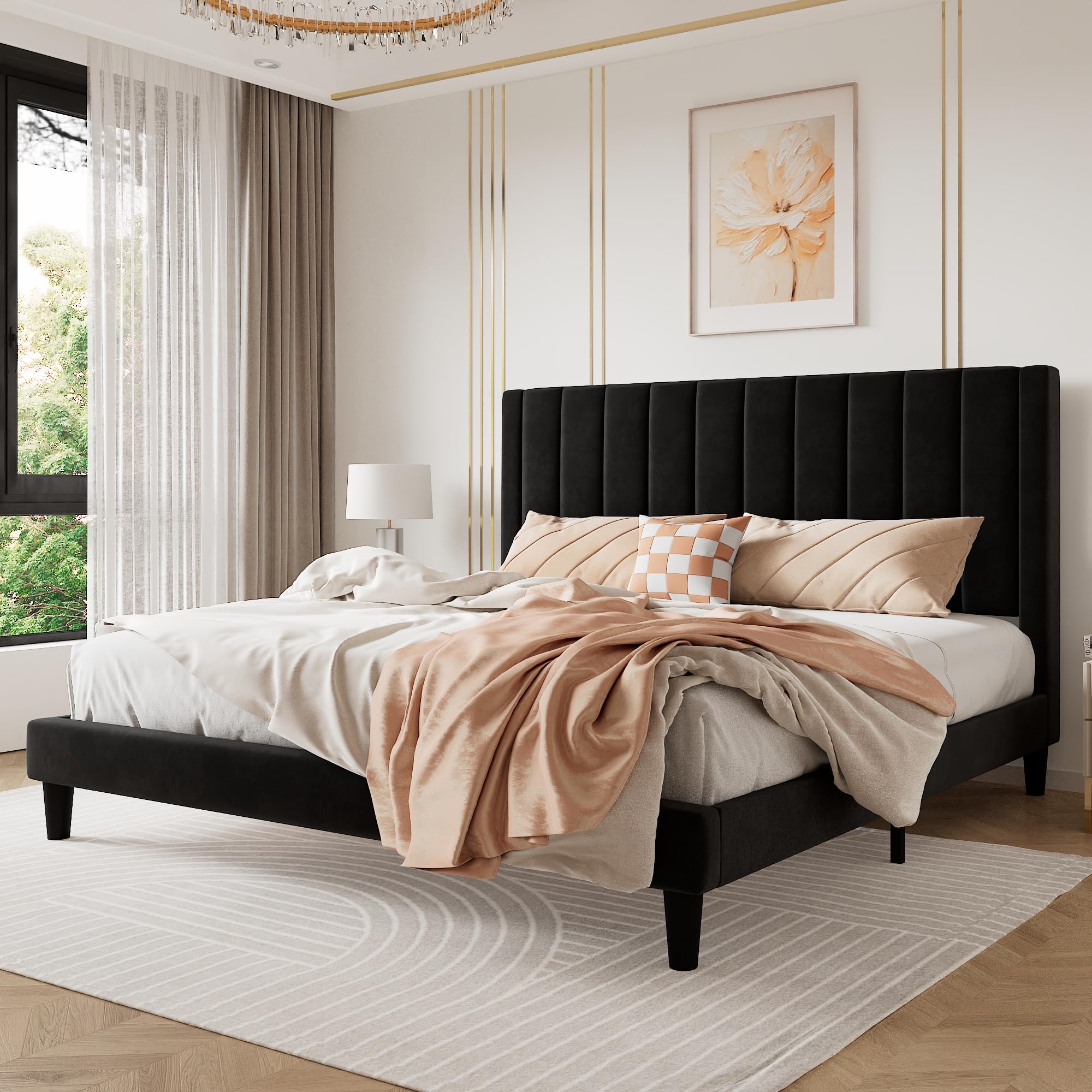 SHA CERLIN King Bed Frame/Velvet Upholstered Platform Bed Frame with Headboard/Strong Wood Slats Support/Mattress Foundation/No Box Spring Needed - Black Image