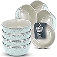 PURE LIVING INTERIOR DESIGN 27.0 Oz Large Soup Bowls, Stoneware Cereal Set of 8, modern Light Beige-Blue Pasta Bowl for Kitchen, 5.5" Dishwasher and Microwave Safe Ceramic