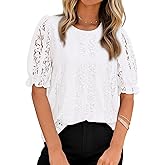 KIRUNDO Lace Tops for Women Trendy 2026 Summer Work Blouse Casual Crewneck Hollow Out Short Sleeve Shirts Beach Vacation