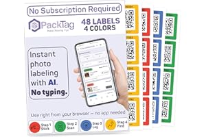 PackTag QR Labels for Storage 48 Color Coded QR Code Stickers with AI Photo Inventory Smart Tracking Tags for Scan Storage Bins, Moving Boxes, Totes & Containers for iOS & Android, No App Needed