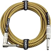 GLS Audio Instrument Cable - Amp Cord for Bass & Electric Guitar - Straight to Right Angle 1/4 Inch Instrument Cable - Brown/Yellow Braided Tweed, 20ft