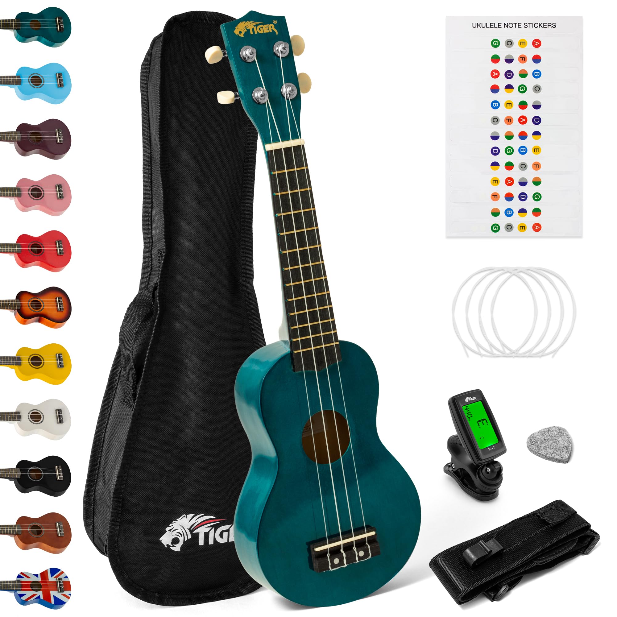 Tiger UKEKIT-TB Soprano Ukulele Kit – Suitable for Beginners and Children – Chromatic Tuner, Strap, Carry Bag, Notes Sticker, Felt Pick, Spare Strings, with Aquila Strings Fitted – Teal Blue