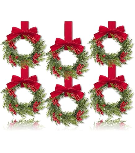 Paquete De 6 Coronas De Invierno De 9.5 Pulgadas Con Lazo Clásico Rojo De Seda, Decoración De Pino Para Interiores Y Exteriores
