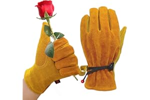 AOUCHI Leather Gardening Work Cowhide Thorn Proof Gloves with Cotton Lining for Weeding Pruning Yard Working for Men
