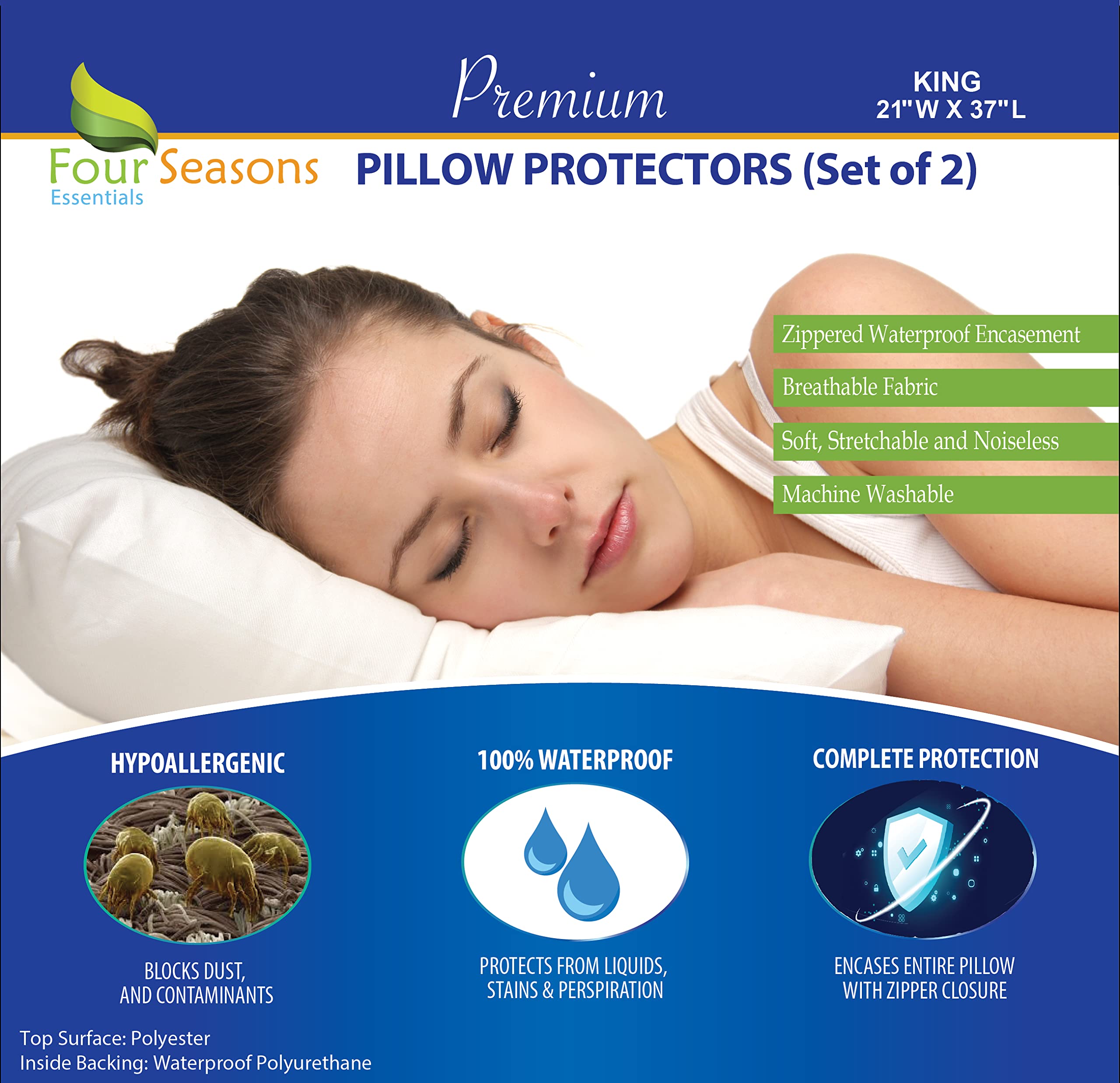 Photo 1 of Four Seasons Essentials Waterproof King Pillow Protectors (Set of 2) – Zippered Pillow Cover Hypoallergenic Dust Allergy Proof Encasement