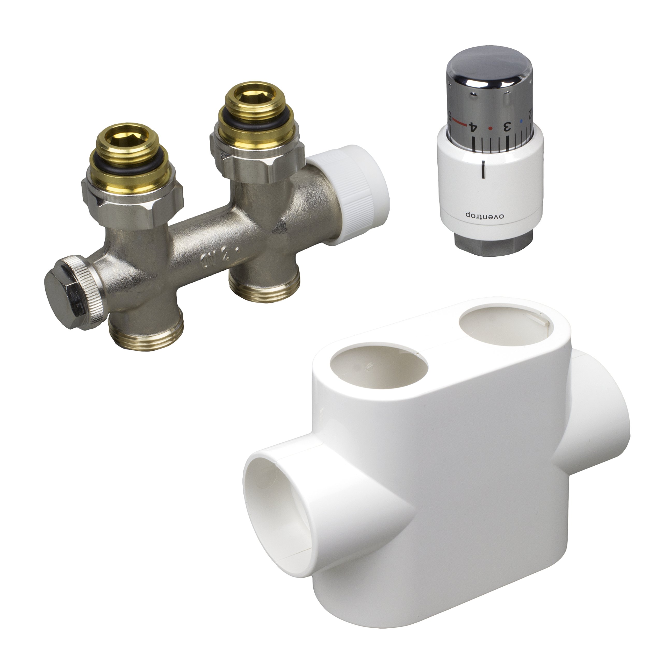 Oventrop Badheizkörper-Zubehör-Set Multiblock / Mittenanschluss Armatur Thermostatkopf in Durchgangsform, Farbe Abdeckung:weiß